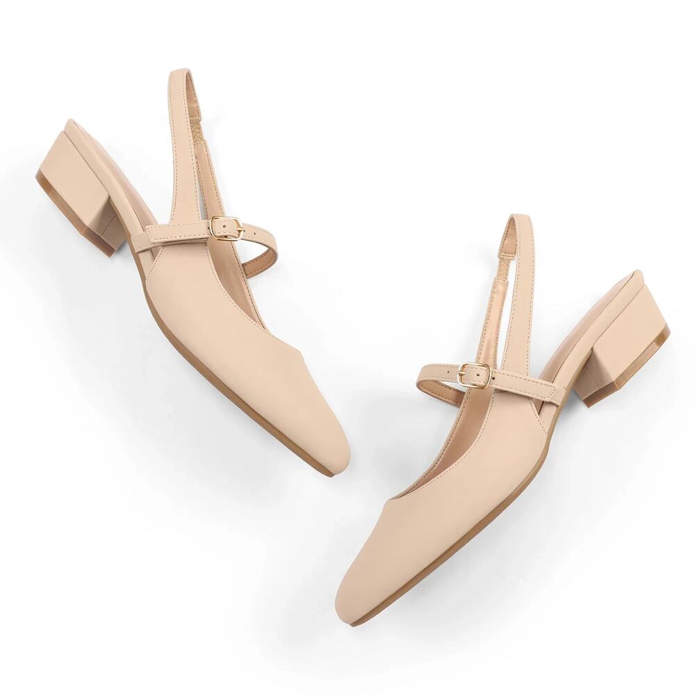 Pennysue Women's Slingback Sandals Nude Low Block Heel Mary Jane Pumps 6M